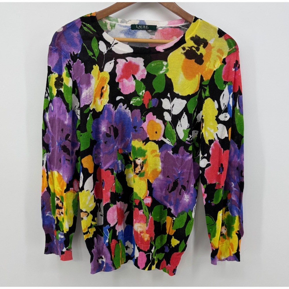 Lauren Ralph Lauren Tight Knit Sweater Women L Black Floral Light Weight